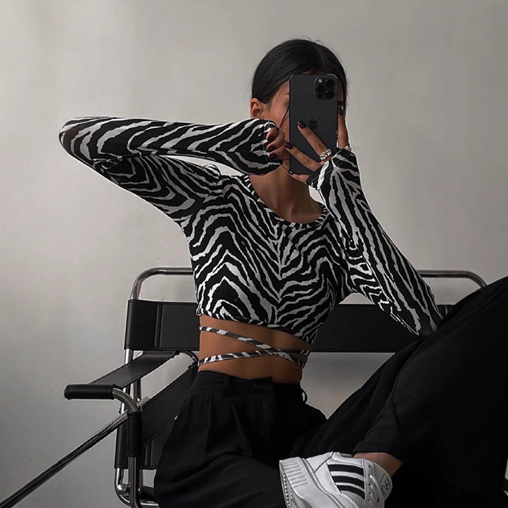 Women's new casual crop top with a strappy zebra pattern for autumn - Seldom Seen Styles