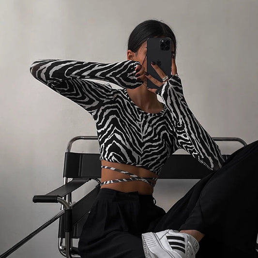 Women's new casual crop top with a strappy zebra pattern for autumn - Seldom Seen Styles