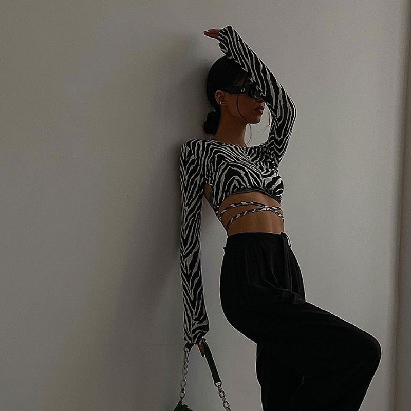 Women's new casual crop top with a strappy zebra pattern for autumn - Seldom Seen Styles