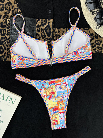 Ensemble bikini taille haute pour femme, maillot de bain deux pièces côtelé à armatures en V 