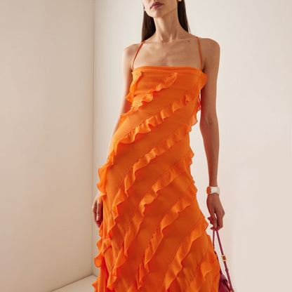 Robe longue fendue à bretelles pour femme, nouvelle robe d'été sexy à lacets avec ourlet ondulé