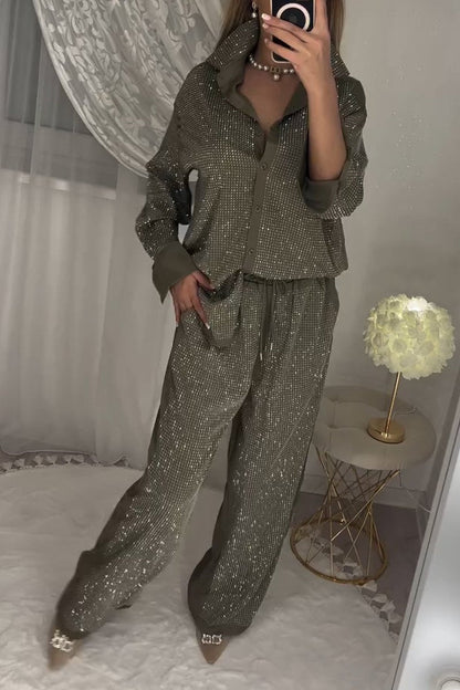 Ensemble deux pièces haut et pantalon femme élégant orné de diamants