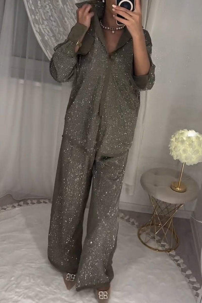 Ensemble deux pièces haut et pantalon femme élégant orné de diamants