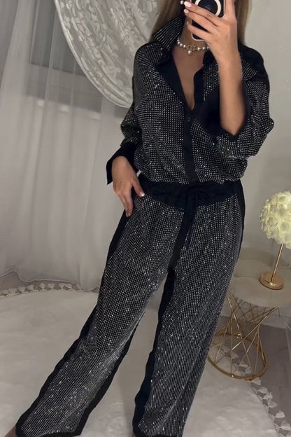 Ensemble deux pièces haut et pantalon femme élégant orné de diamants