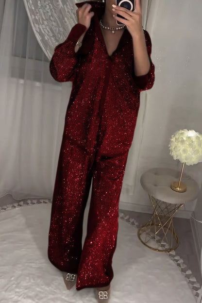 Ensemble deux pièces haut et pantalon femme élégant orné de diamants