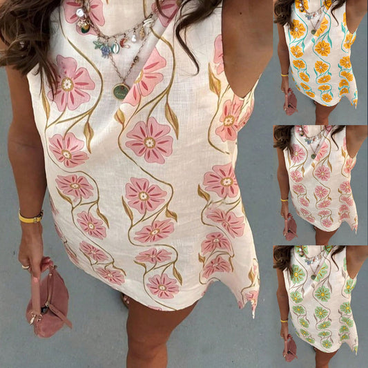 Women's summer new casual pink flower round neck sleeveless vest dress - Seldom Seen Styles
