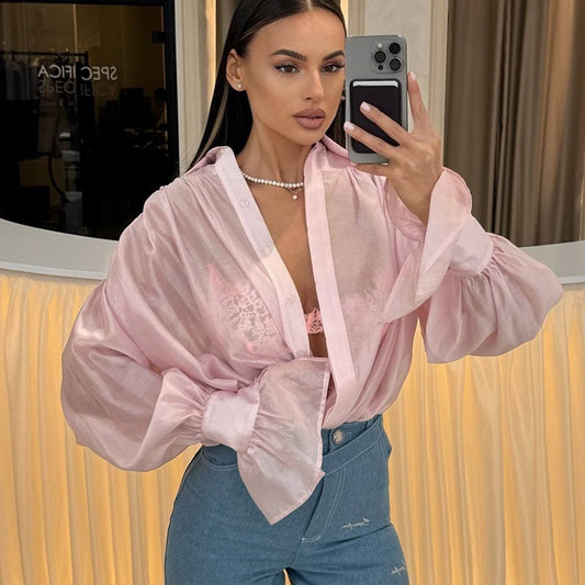 Women's summer new sweet and fresh loose lapel lantern sleeve long sleeve shirt women's top - Seldom Seen Styles
