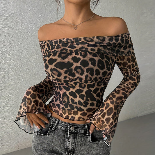 Women's summer sexy one-word shoulder long-sleeved off-the-navel leopard print top sexy hottie bottoming shirt - Seldom Seen Styles