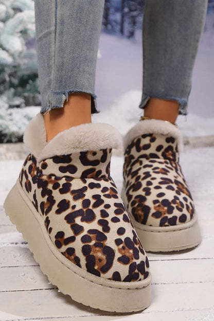 Damen verdickte Samt-Rundzehen-Stiefel mit dicker Sohle und Leopardenmuster
