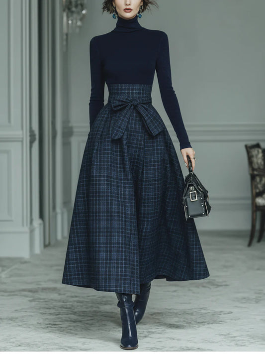 Turtleneck Knit Top & Plaid Skirt Set – Dark Blue (XS–2XL) - Seldom Seen Styles