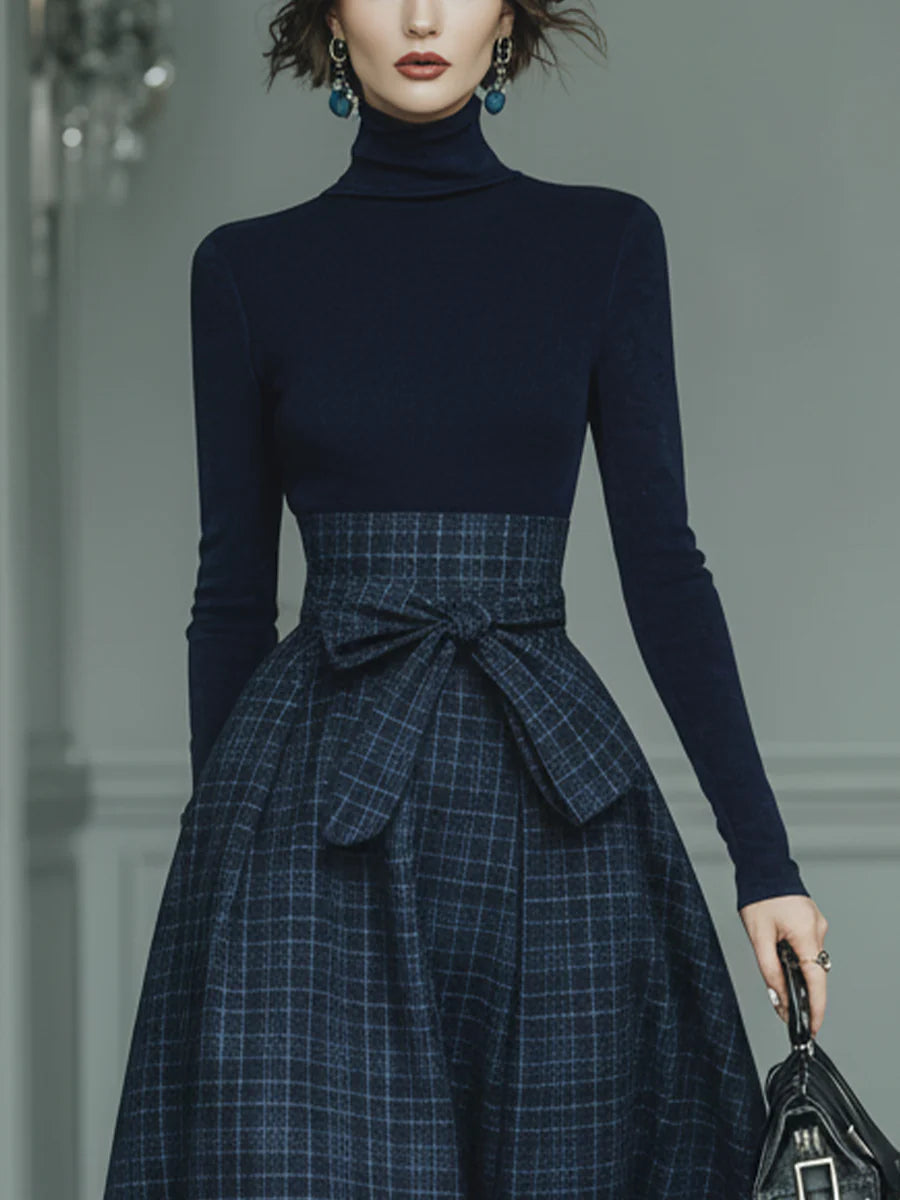 Turtleneck Knit Top & Plaid Skirt Set – Dark Blue (XS–2XL) - Seldom Seen Styles