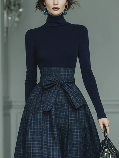 Turtleneck Knit Top & Plaid Skirt Set – Dark Blue (XS–2XL)