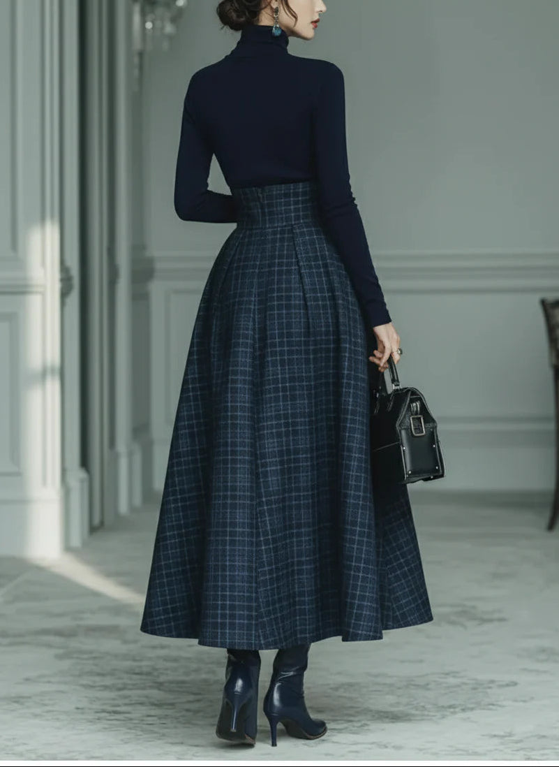 Turtleneck Knit Top & Plaid Skirt Set – Dark Blue (XS–2XL) - Seldom Seen Styles