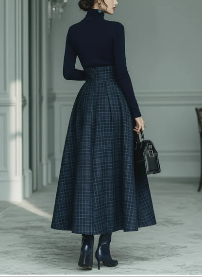 Turtleneck Knit Top & Plaid Skirt Set – Dark Blue (XS–2XL)