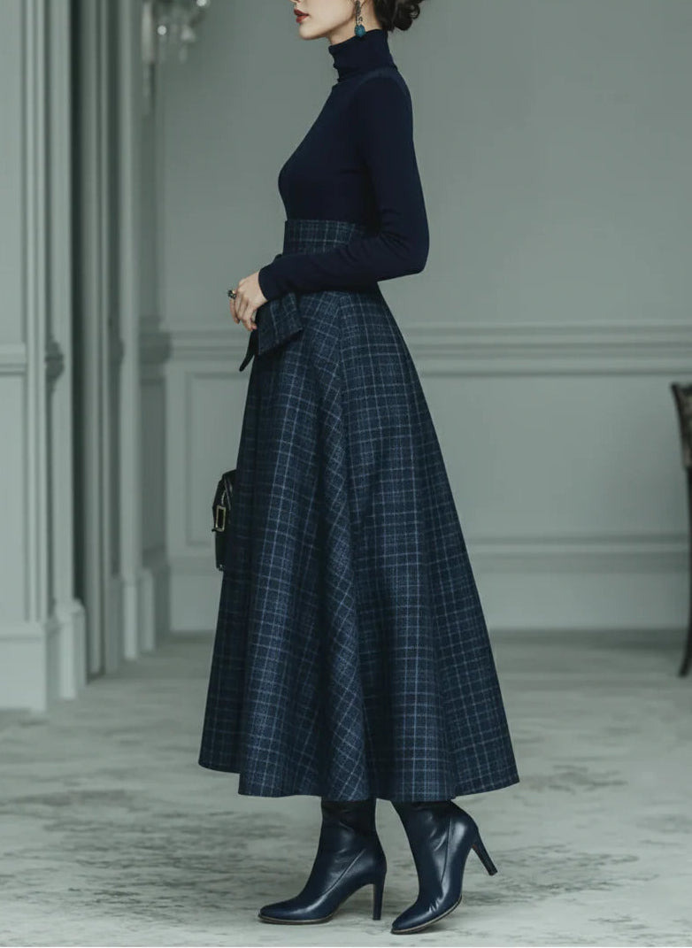 Turtleneck Knit Top & Plaid Skirt Set – Dark Blue (XS–2XL) - Seldom Seen Styles