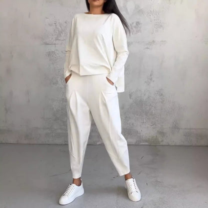 Ensembles 2 pièces pour femmes, combinaisons de survêtement couleur unie, tenues décontractées à col rond, ensembles pyjama/détente.