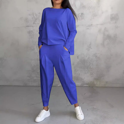 Ensembles 2 pièces pour femmes, combinaisons de survêtement couleur unie, tenues décontractées à col rond, ensembles pyjama/détente.