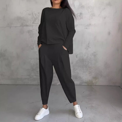 Ensembles 2 pièces pour femmes, combinaisons de survêtement couleur unie, tenues décontractées à col rond, ensembles pyjama/détente.