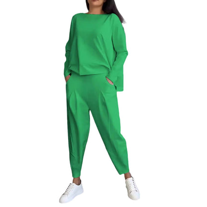 Ensembles 2 pièces pour femmes, combinaisons de survêtement couleur unie, tenues décontractées à col rond, ensembles pyjama/détente.