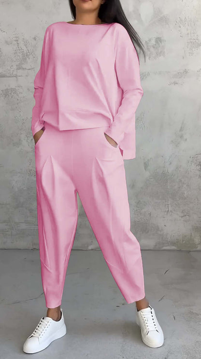 Ensembles 2 pièces pour femmes, combinaisons de survêtement couleur unie, tenues décontractées à col rond, ensembles pyjama/détente.
