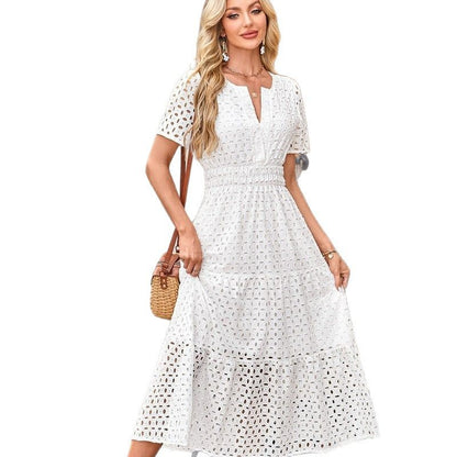 Womens 2025 Summer Maxi Dress Short Sleeve V Neck Hollow Out Eyelet A Line Long Flowy Beach Vacation Dresses - Seldom Seen Styles