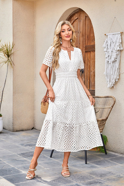 Womens 2025 Summer Maxi Dress Short Sleeve V Neck Hollow Out Eyelet A Line Long Flowy Beach Vacation Dresses - Seldom Seen Styles