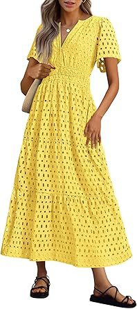 Womens 2025 Summer Maxi Dress Short Sleeve V Neck Hollow Out Eyelet A Line Long Flowy Beach Vacation Dresses - Seldom Seen Styles