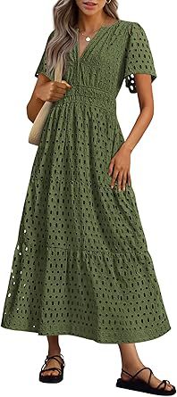 Womens 2025 Summer Maxi Dress Short Sleeve V Neck Hollow Out Eyelet A Line Long Flowy Beach Vacation Dresses - Seldom Seen Styles