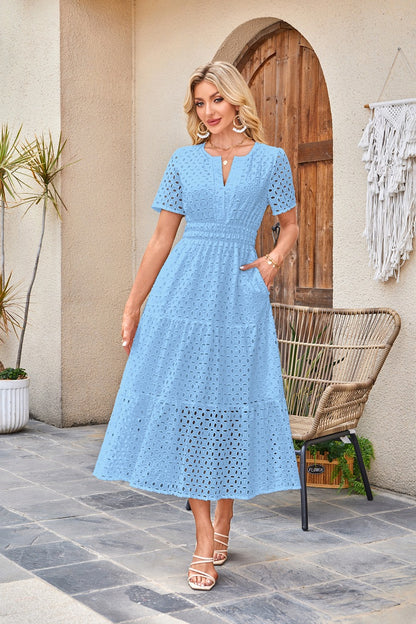 Womens 2025 Summer Maxi Dress Short Sleeve V Neck Hollow Out Eyelet A Line Long Flowy Beach Vacation Dresses - Seldom Seen Styles