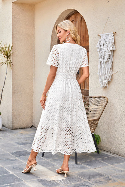 Womens 2025 Summer Maxi Dress Short Sleeve V Neck Hollow Out Eyelet A Line Long Flowy Beach Vacation Dresses - Seldom Seen Styles
