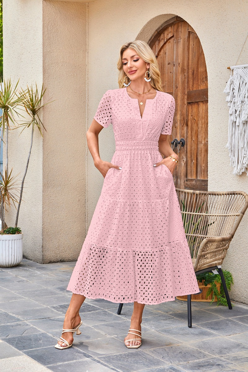 Womens 2025 Summer Maxi Dress Short Sleeve V Neck Hollow Out Eyelet A Line Long Flowy Beach Vacation Dresses - Seldom Seen Styles