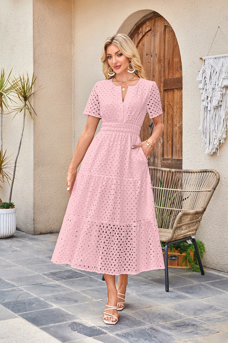 Womens 2025 Summer Maxi Dress Short Sleeve V Neck Hollow Out Eyelet A Line Long Flowy Beach Vacation Dresses - Seldom Seen Styles