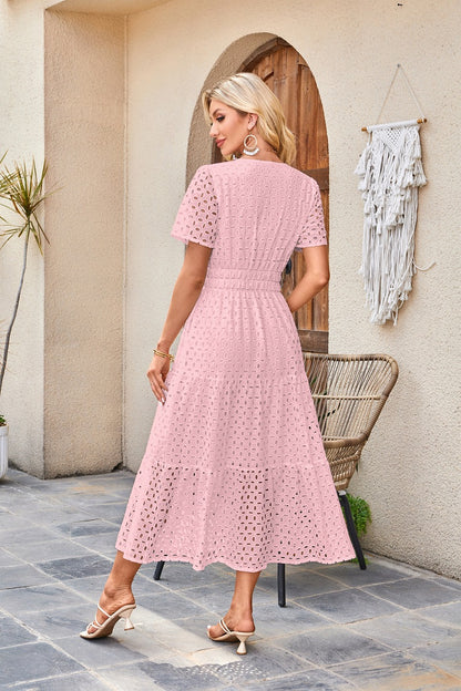 Womens 2025 Summer Maxi Dress Short Sleeve V Neck Hollow Out Eyelet A Line Long Flowy Beach Vacation Dresses - Seldom Seen Styles
