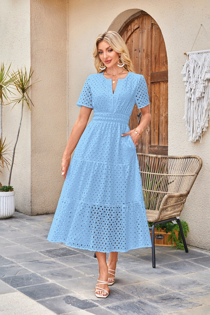 Womens 2025 Summer Maxi Dress Short Sleeve V Neck Hollow Out Eyelet A Line Long Flowy Beach Vacation Dresses - Seldom Seen Styles