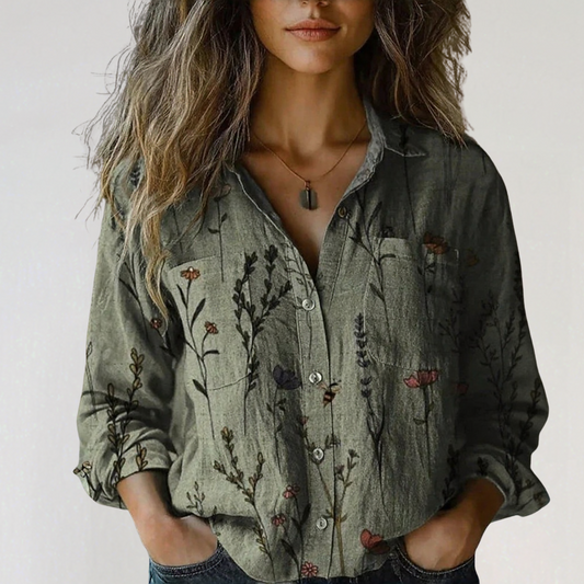 Womens 3/4 Sleeve Shirts Vintage Boho Retro Floral Print Tops Ladies Loose Fit Lightweight V Neck Button Down Blouses - Seldom Seen Styles