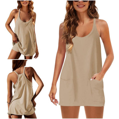 Womens Athletic Sleeveless Mini Dress with Built-in Shorts V Neck Spaghetti Strap Short Tennis Dress with Pockets - Seldom Seen Styles