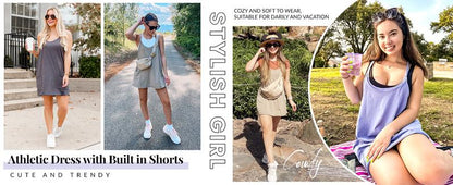 Womens Athletic Sleeveless Mini Dress with Built-in Shorts V Neck Spaghetti Strap Short Tennis Dress with Pockets - Seldom Seen Styles