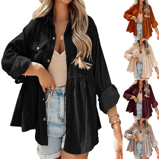 Womens Corduroy Peplum Shirts Tops Cute Long Sleeve Button Down Blouses with Pockets - Seldom Seen Styles