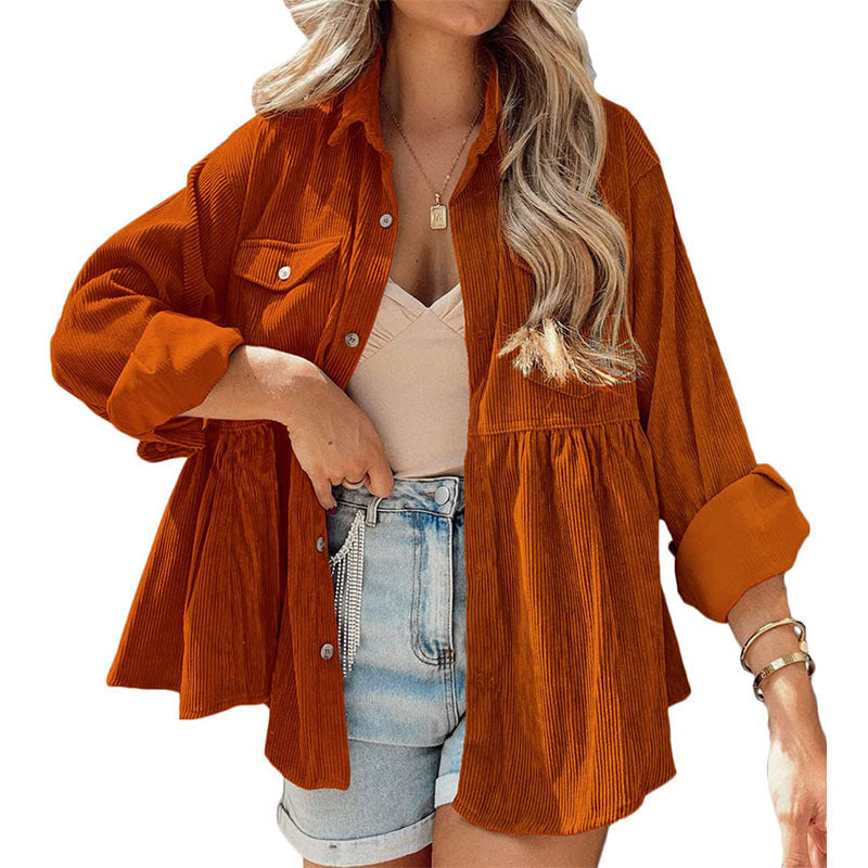 Womens Corduroy Peplum Shirts Tops Cute Long Sleeve Button Down Blouses with Pockets - Seldom Seen Styles