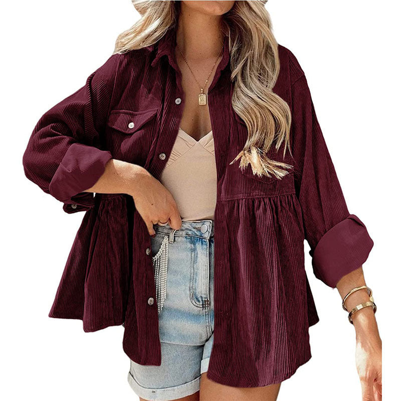 Womens Corduroy Peplum Shirts Tops Cute Long Sleeve Button Down Blouses with Pockets - Seldom Seen Styles