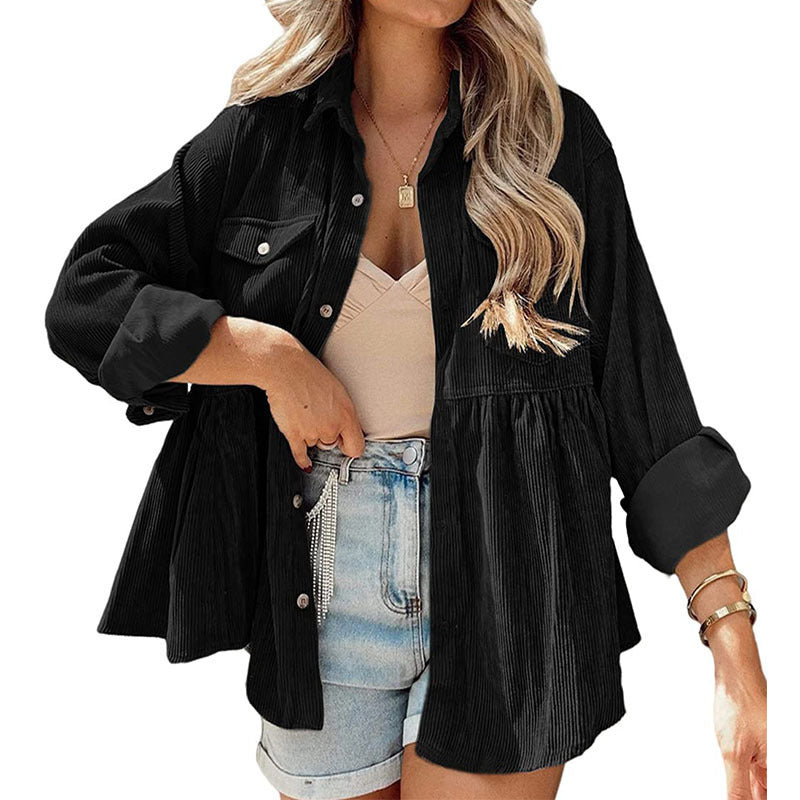 Womens Corduroy Peplum Shirts Tops Cute Long Sleeve Button Down Blouses with Pockets - Seldom Seen Styles