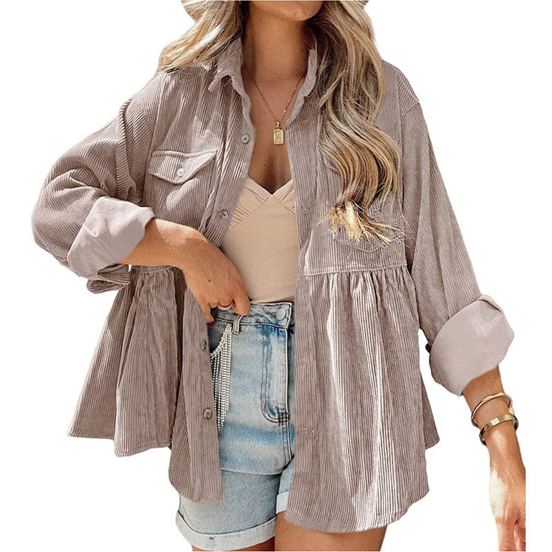Womens Corduroy Peplum Shirts Tops Cute Long Sleeve Button Down Blouses with Pockets - Seldom Seen Styles