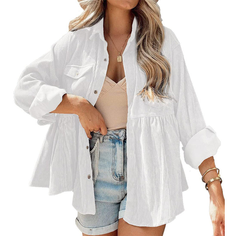 Womens Corduroy Peplum Shirts Tops Cute Long Sleeve Button Down Blouses with Pockets - Seldom Seen Styles