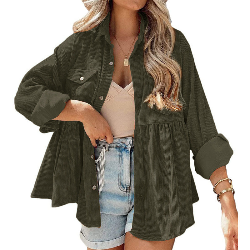 Womens Corduroy Peplum Shirts Tops Cute Long Sleeve Button Down Blouses with Pockets - Seldom Seen Styles