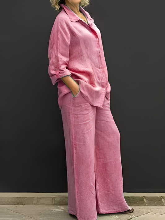 Womens Cotton Linen 2 Piece Outfits Long Sleeve Button Down Top Loose Elastic Waist Wide Leg Long Pants with 2 Pockets - Seldom Seen Styles