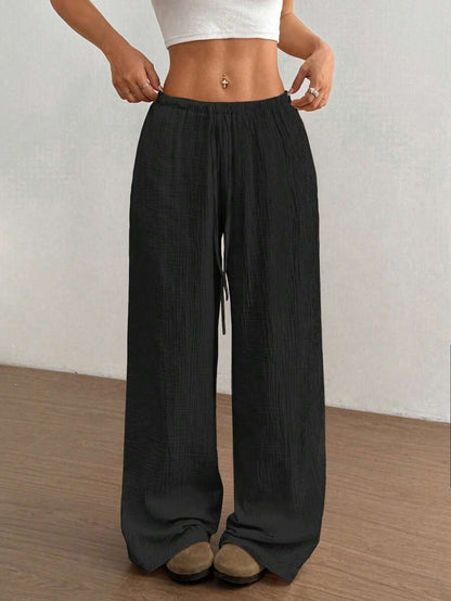 Palazzo-Hose aus Baumwollleinen für Damen, Kordelzug, elastischer Bund, lässige Hose mit weitem Bein und Taschen 