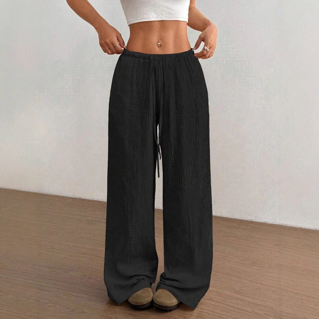 Womens Cotton Linen Palazzo Pants Drawstring Elastic Waist Casual Wide Leg Trousers with Pockets - Seldom Seen Styles