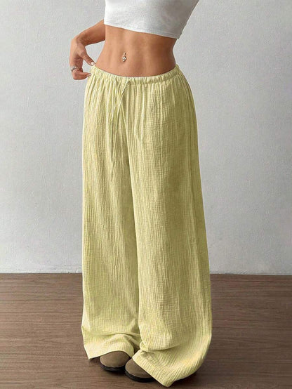 Palazzo-Hose aus Baumwollleinen für Damen, Kordelzug, elastischer Bund, lässige Hose mit weitem Bein und Taschen 