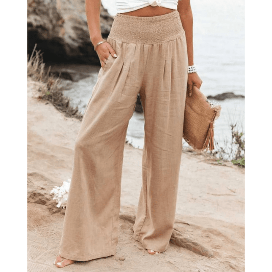 Womens Elastic High Waisted Palazzo Pants Casual Wide Leg Long Lounge Pant Trousers with Pocket - Seldom Seen Styles