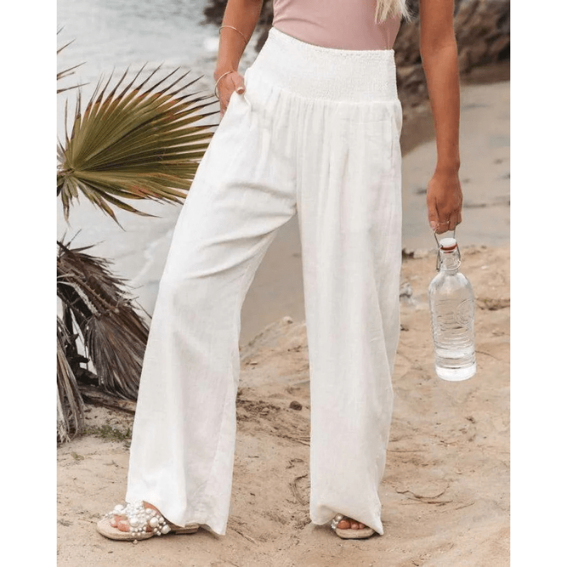 Womens Elastic High Waisted Palazzo Pants Casual Wide Leg Long Lounge Pant Trousers with Pocket - Seldom Seen Styles